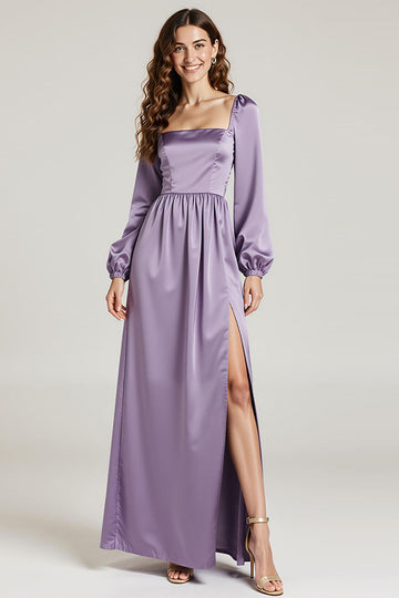 Light Purple Long Sleeve Satin A Line Long Evening Dress